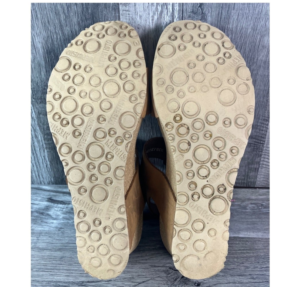 Mephisto Air-Relax Tan Leather Cork Wedge Sandals Gold Buckle Womens Size 40 - Picture 6 of 9